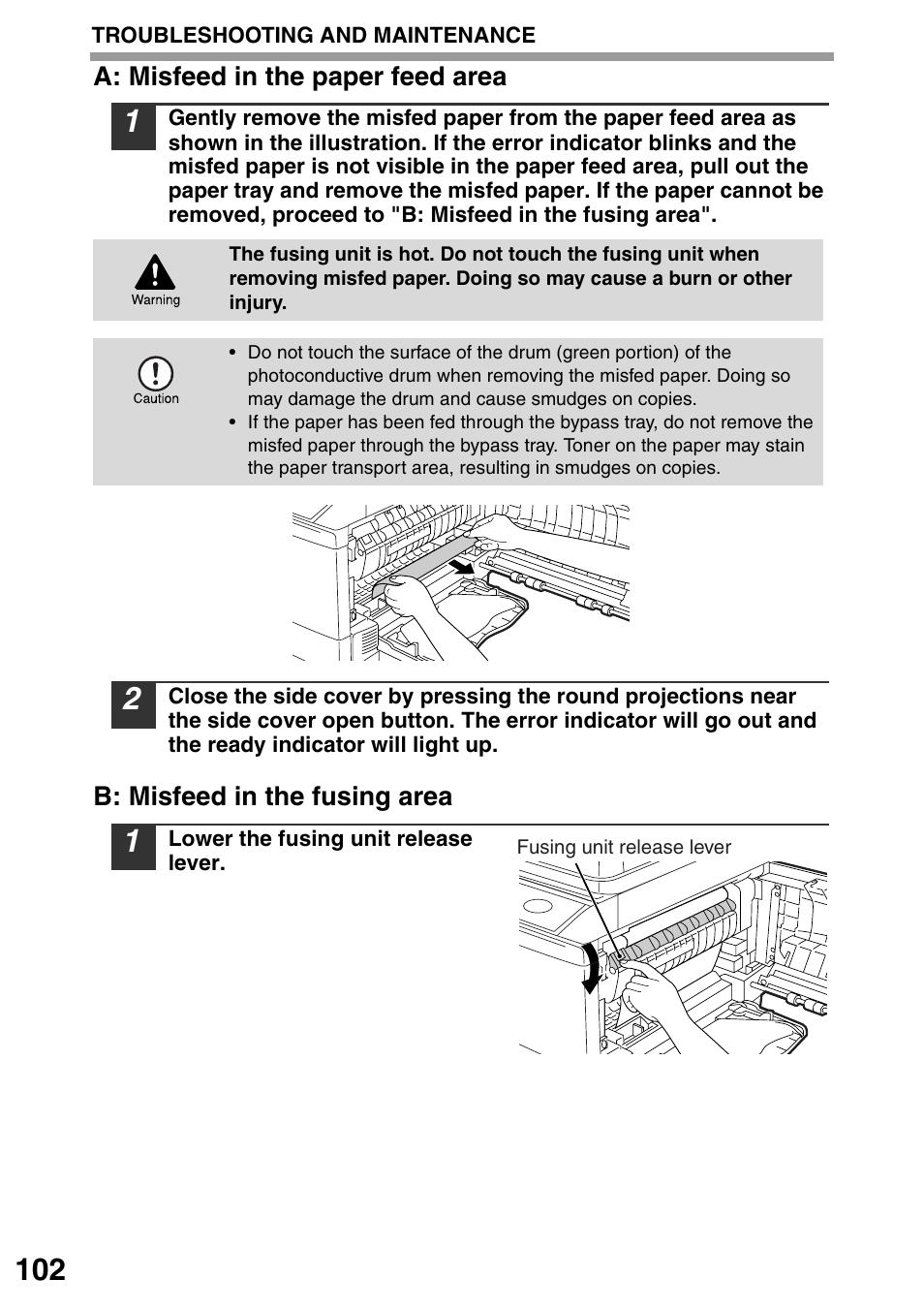 A: misfeed in the paper feed area" (p.102), P.102 | Sharp MX-B201D User Manual | Page 103 / 115