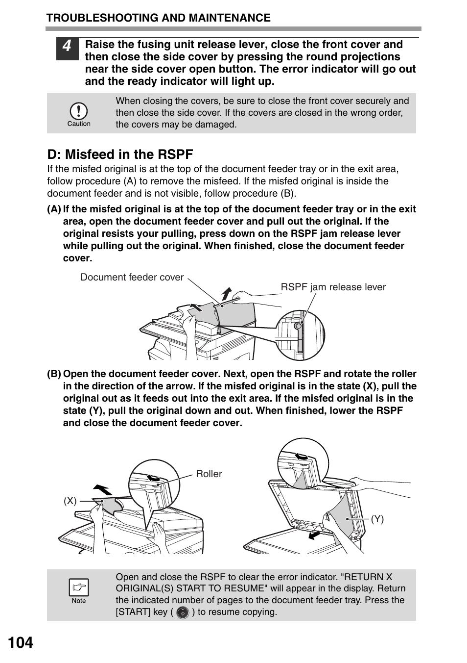 E "d: misfeed in the rspf" (p.104), D: misfeed in the rspf | Sharp MX-B201D User Manual | Page 105 / 115