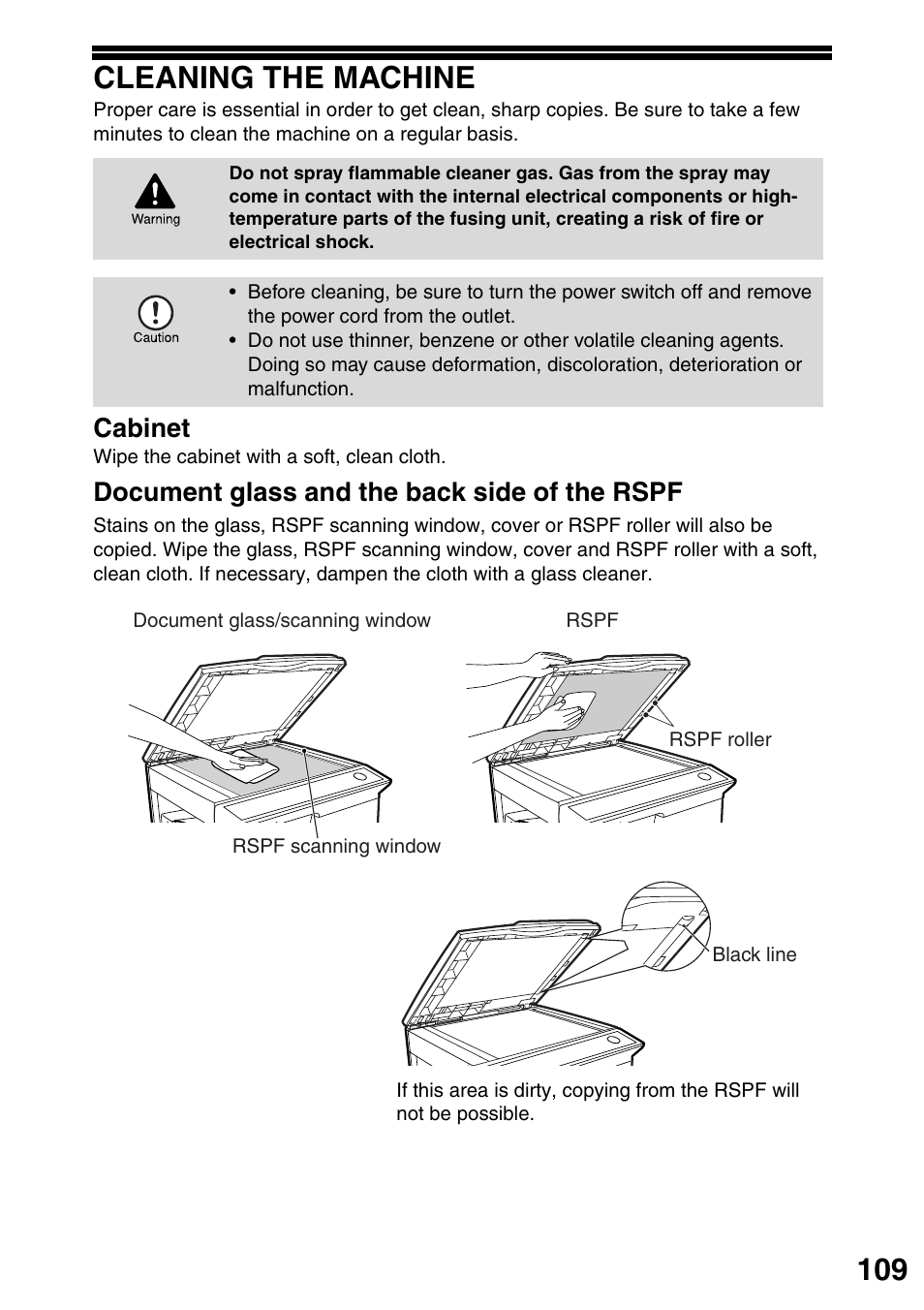 Cleaning the machine, 109 cleaning the machine, Cabinet | Document glass and the back side of the rspf | Sharp MX-B201D User Manual | Page 110 / 115