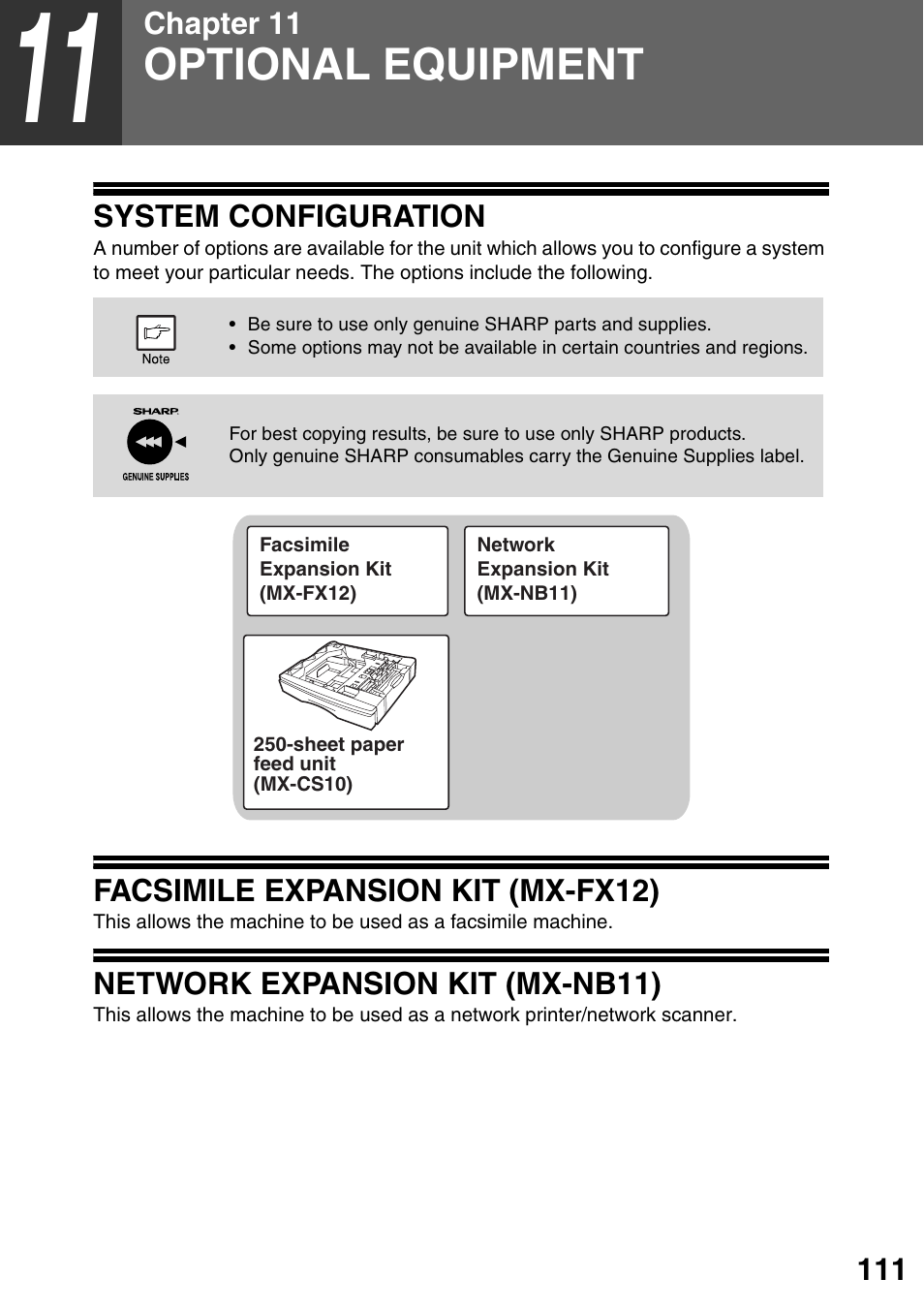 Optional equipment, System configuration, Facsimile expansion kit (mx-fx12) | Network expansion kit (mx-nb11), 11 optional equipment | Sharp MX-B201D User Manual | Page 112 / 115