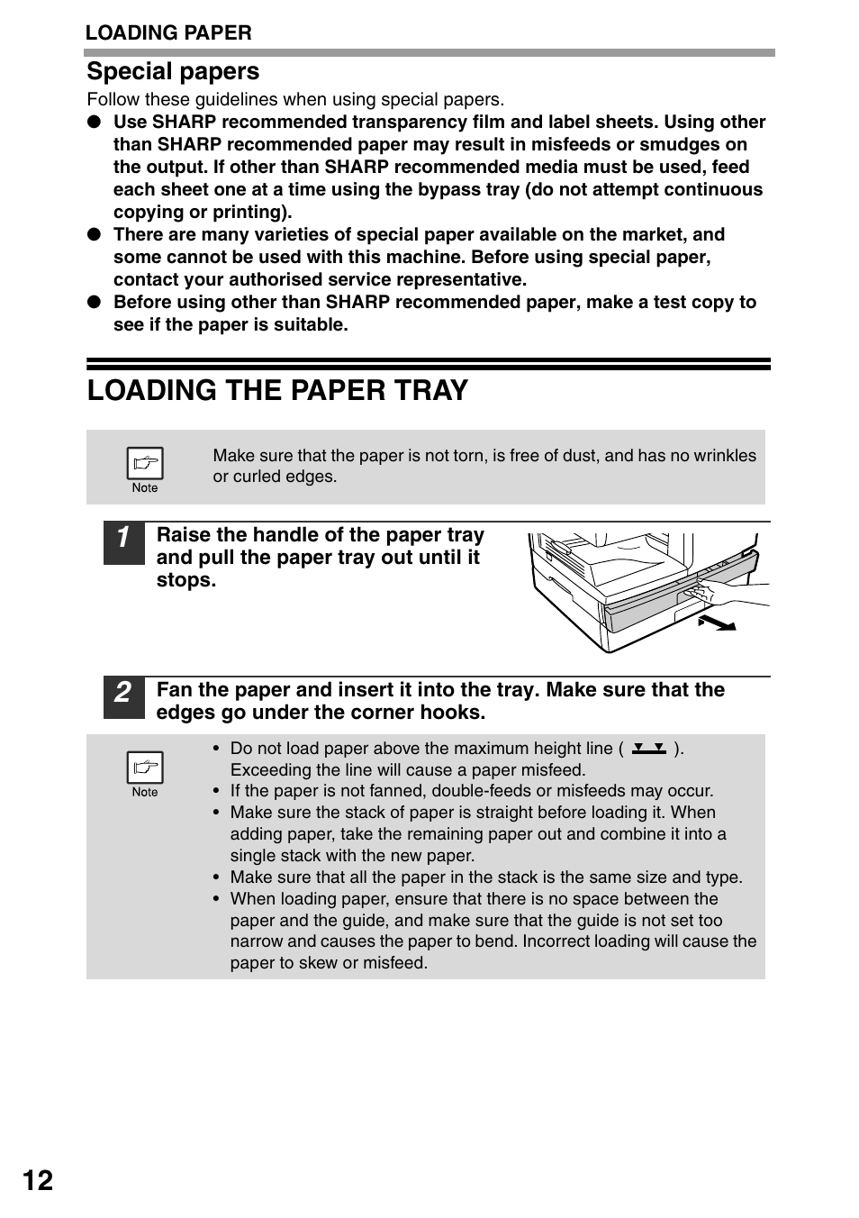 Loading the paper tray, Special papers | Sharp MX-B201D User Manual | Page 13 / 115