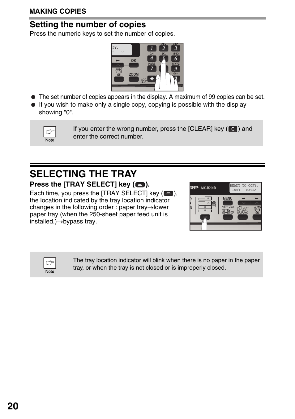 Selecting the tray, Ges 20 t, Setting the number of copies | Sharp MX-B201D User Manual | Page 21 / 115