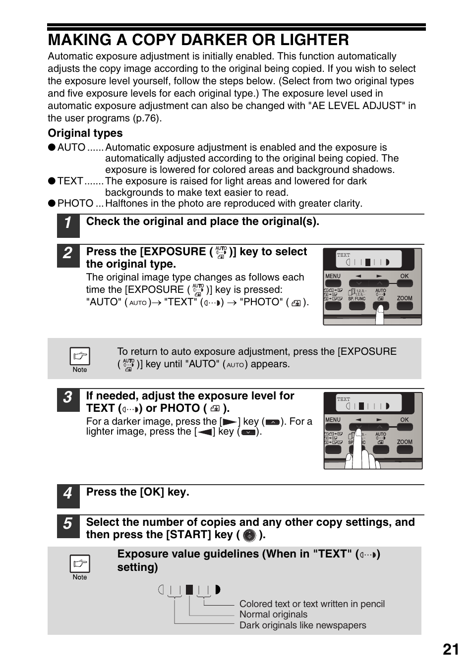 Making a copy darker or lighter, 21 making a copy darker or lighter | Sharp MX-B201D User Manual | Page 22 / 115