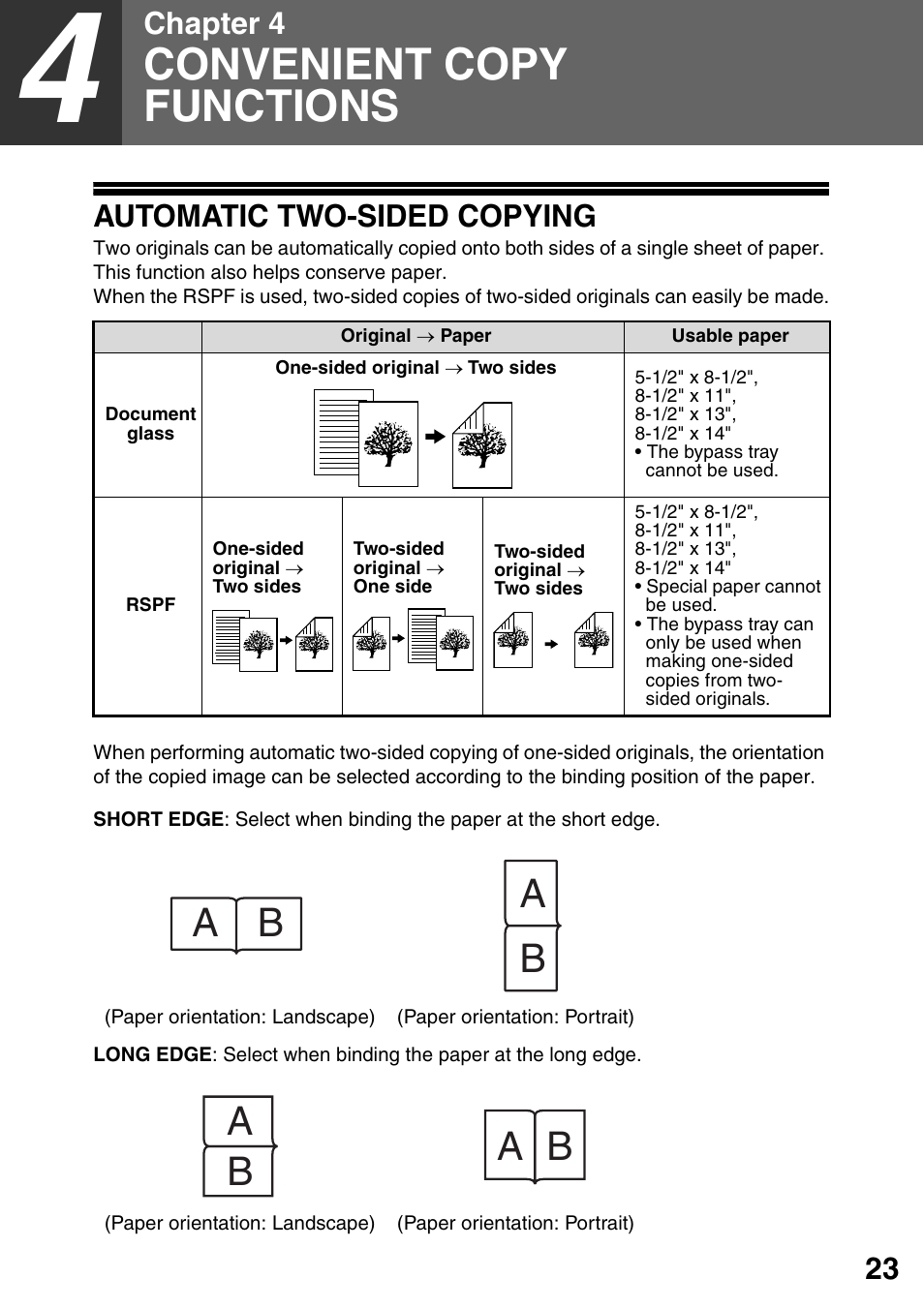 Convenient copy functions, Automatic two-sided copying, 4 convenient copy functions | Chapter 4 | Sharp MX-B201D User Manual | Page 24 / 115