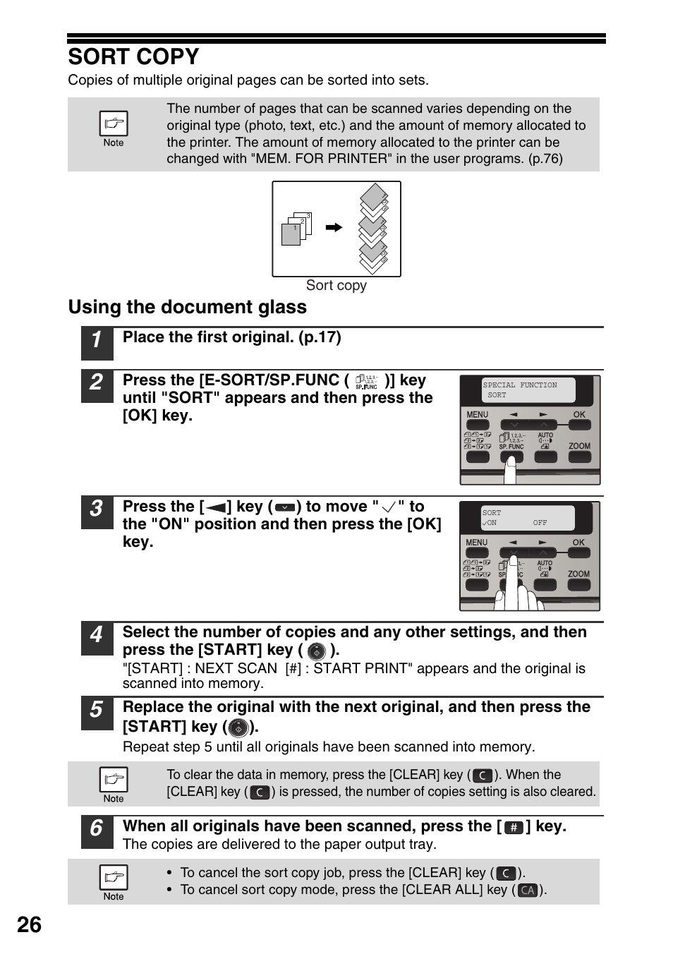 Sort copy, P.26), 26 sort copy | Using the document glass | Sharp MX-B201D User Manual | Page 27 / 115