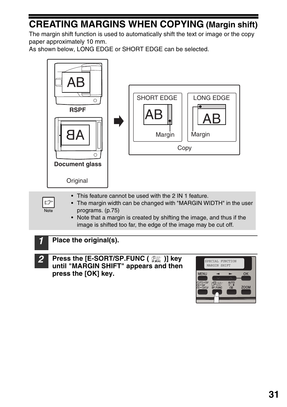 Creating margins when copying (margin shift), Margins carefully. (p.31), 31 creating margins when copying | Sharp MX-B201D User Manual | Page 32 / 115