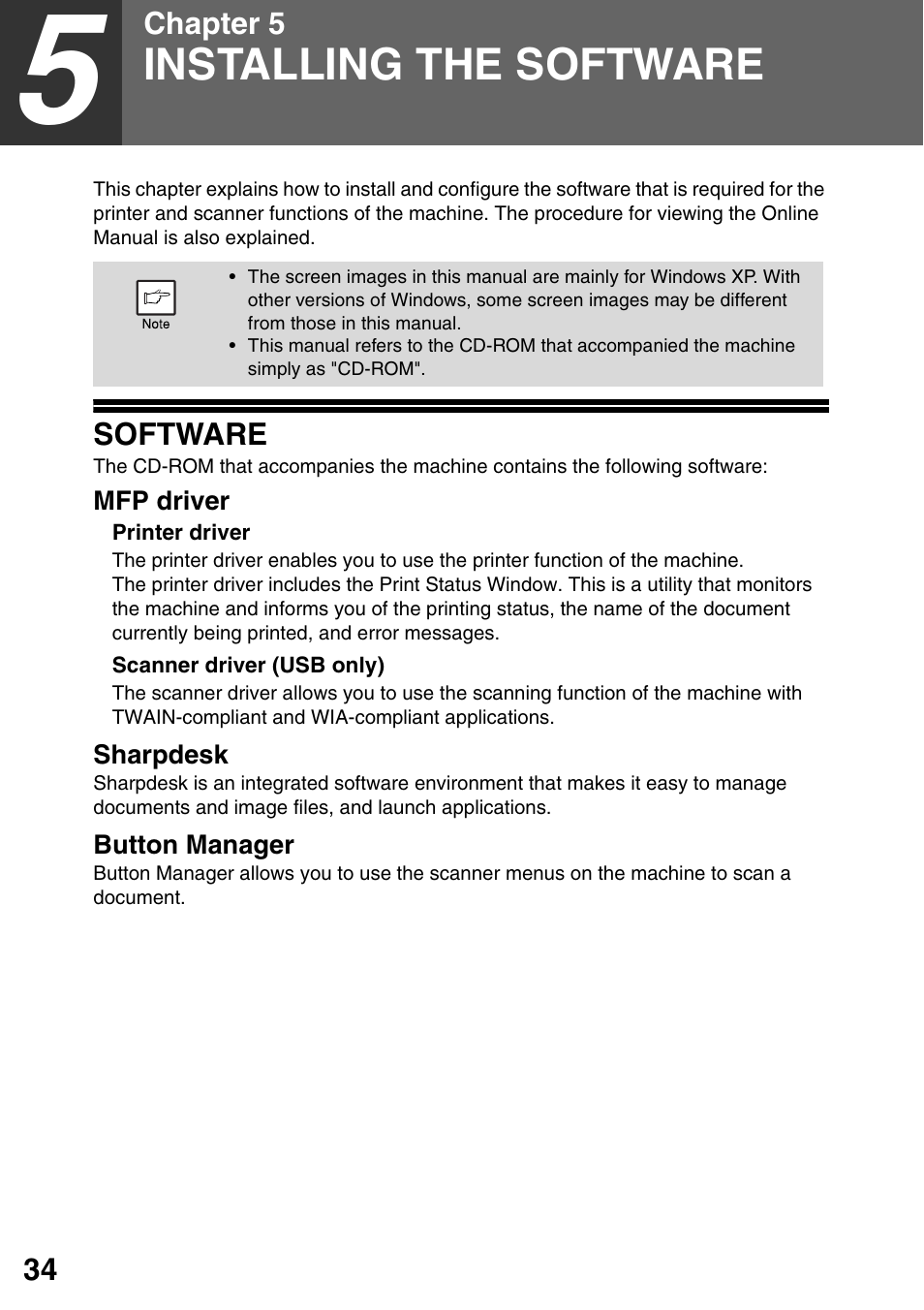 Installing the software, Software, 5 installing the software | Sharp MX-B201D User Manual | Page 35 / 115