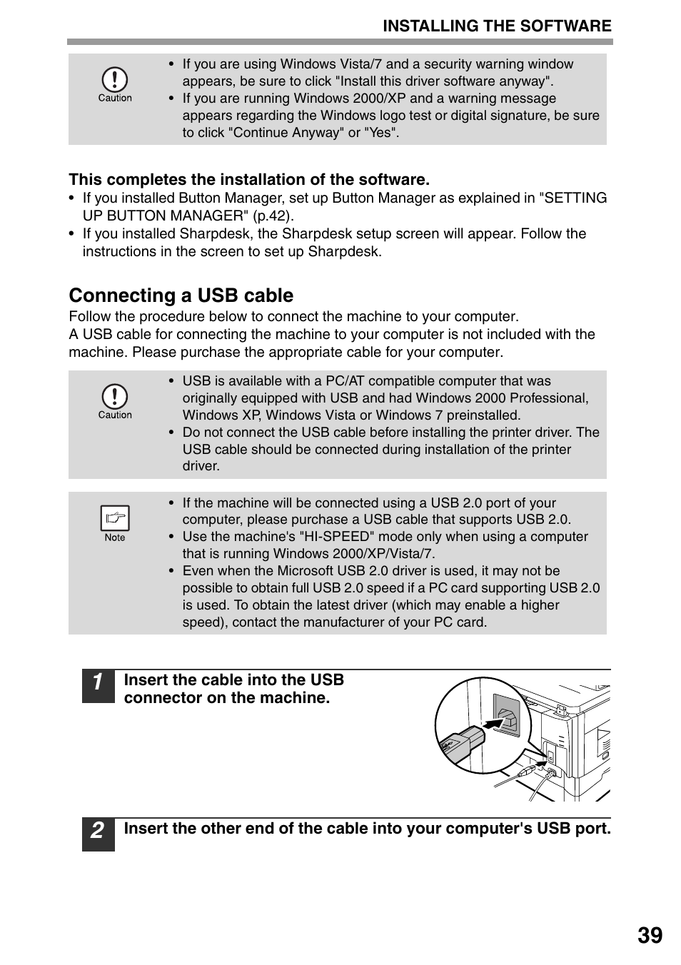 Connecting a usb cable | Sharp MX-B201D User Manual | Page 40 / 115