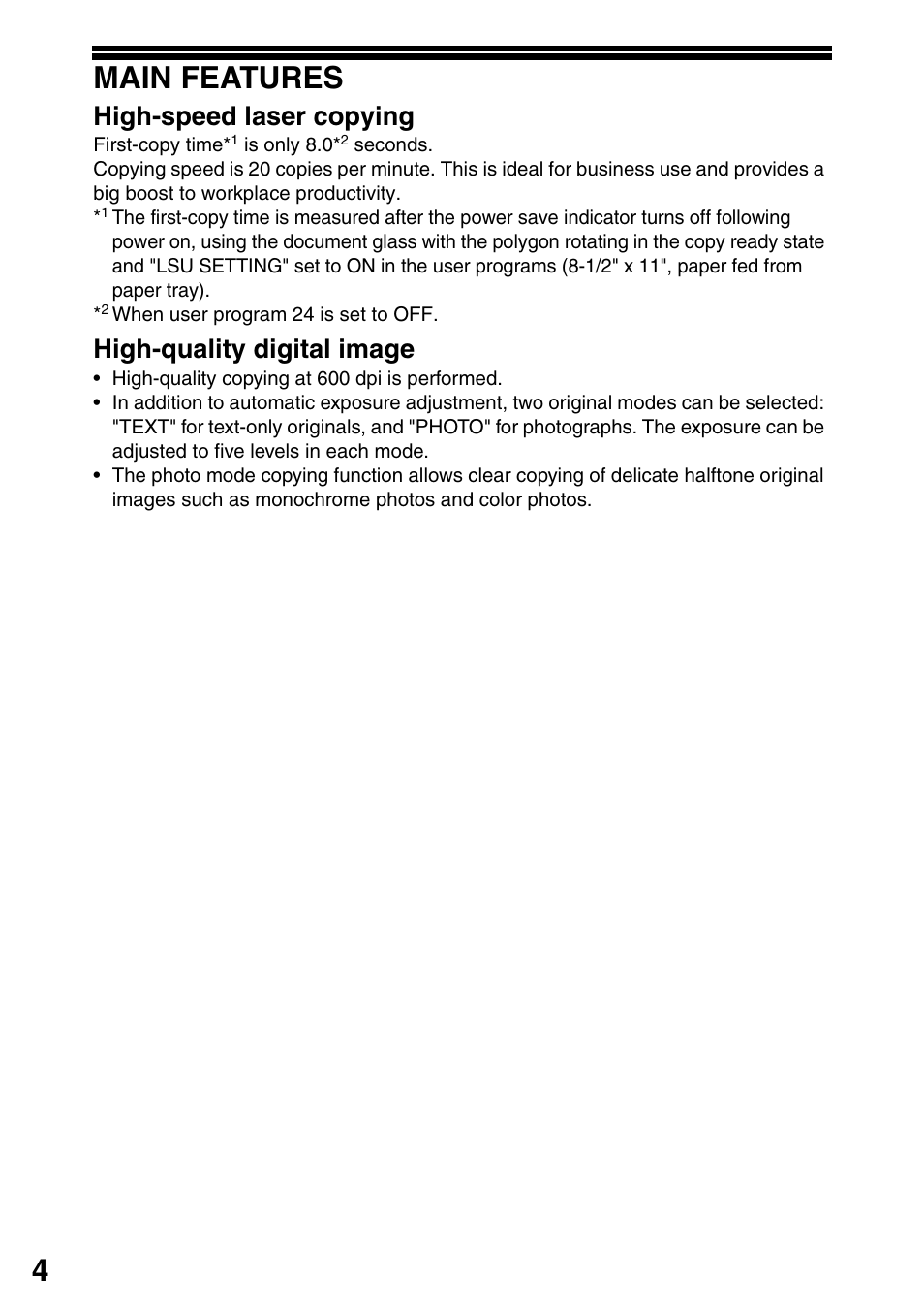 Main features, 4main features, High-speed laser copying | High-quality digital image | Sharp MX-B201D User Manual | Page 5 / 115