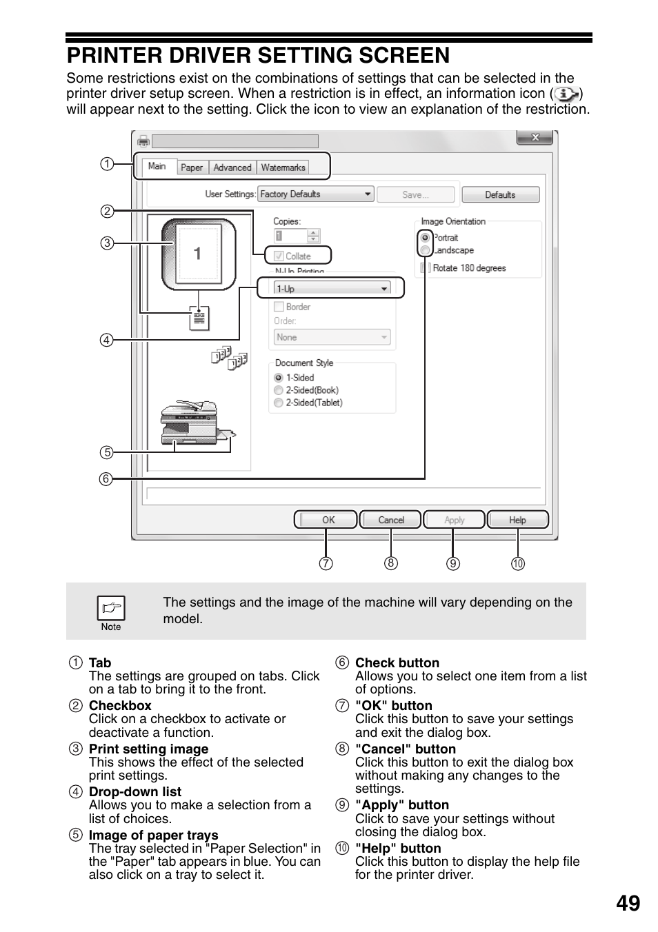 Printer driver setting screen, 49 printer driver setting screen | Sharp MX-B201D User Manual | Page 50 / 115