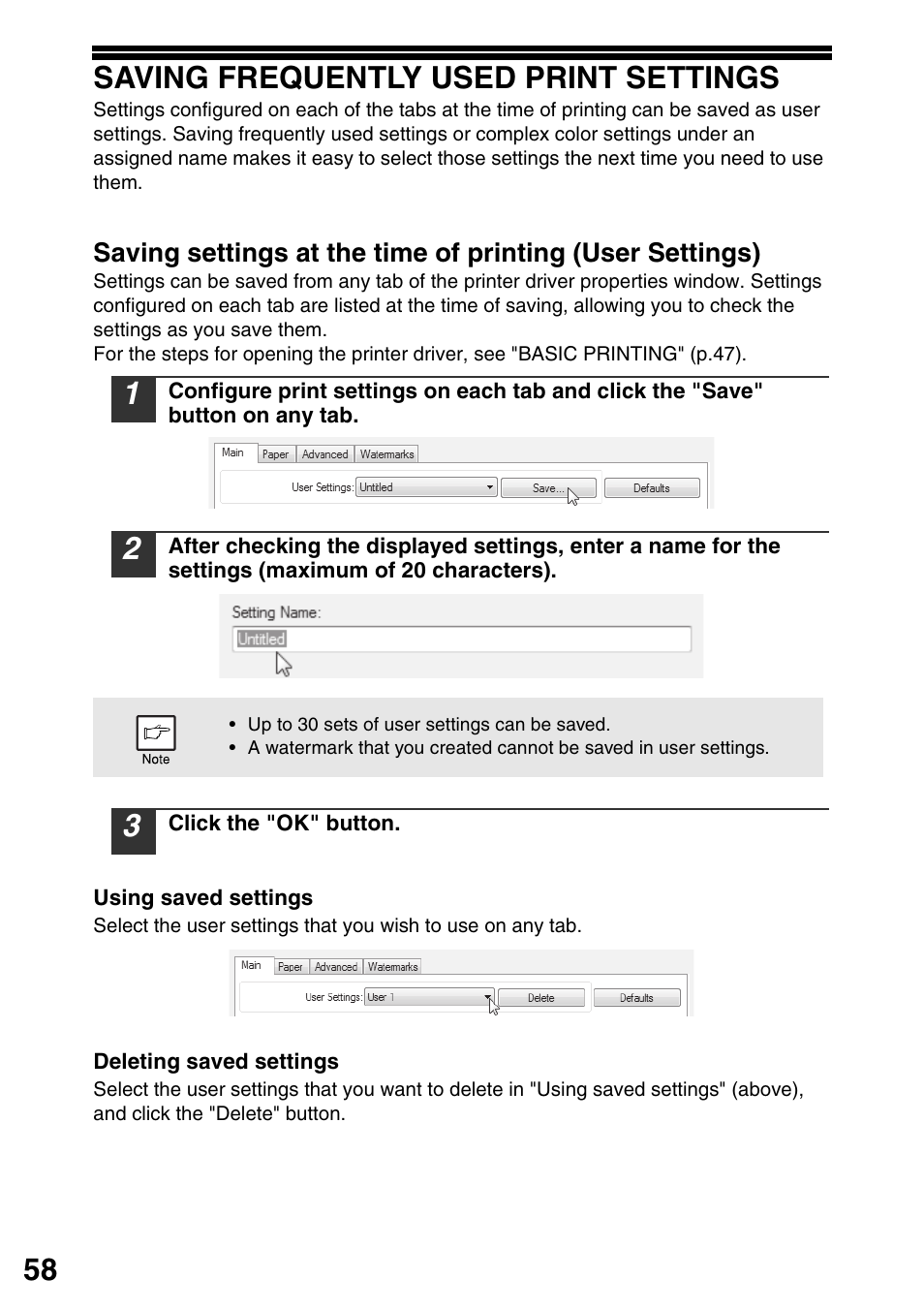 Saving frequently used print settings, 58 saving frequently used print settings | Sharp MX-B201D User Manual | Page 59 / 115