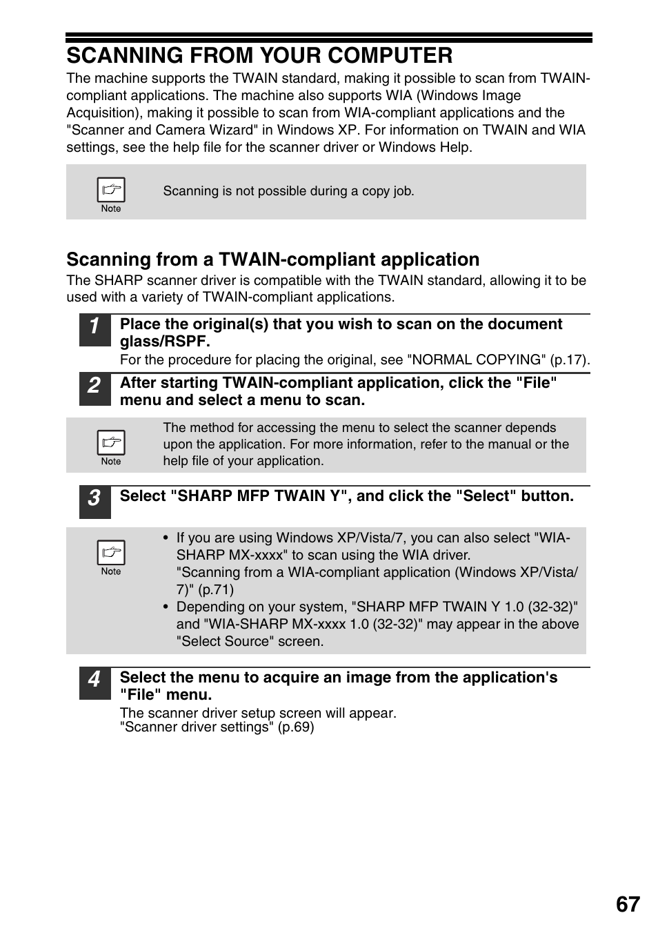 Scanning from your computer, Scanning from a twain, Compliant application | P.67), 67 scanning from your computer | Sharp MX-B201D User Manual | Page 68 / 115