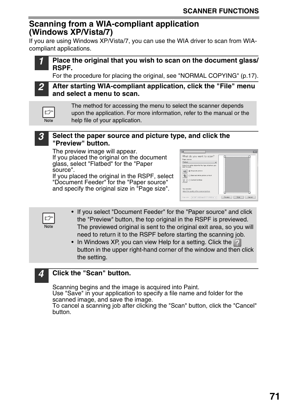 Scanning from a wia, Compliant application, Windows xp/vista/7) | P.71) | Sharp MX-B201D User Manual | Page 72 / 115