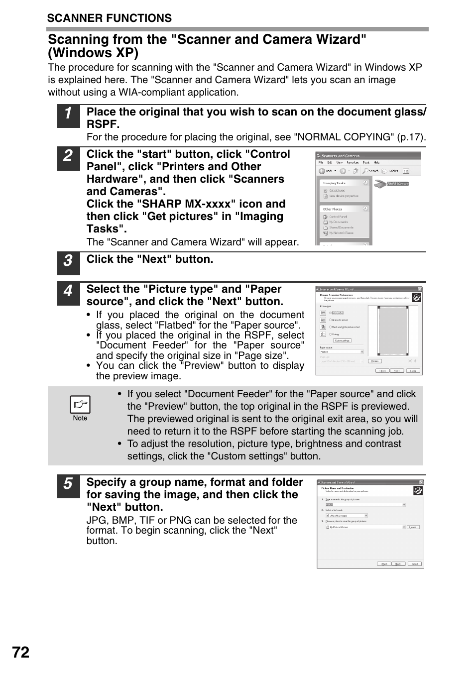 Scanning from the, Scanner and camera, Wizard" (windows xp) | P.72) | Sharp MX-B201D User Manual | Page 73 / 115