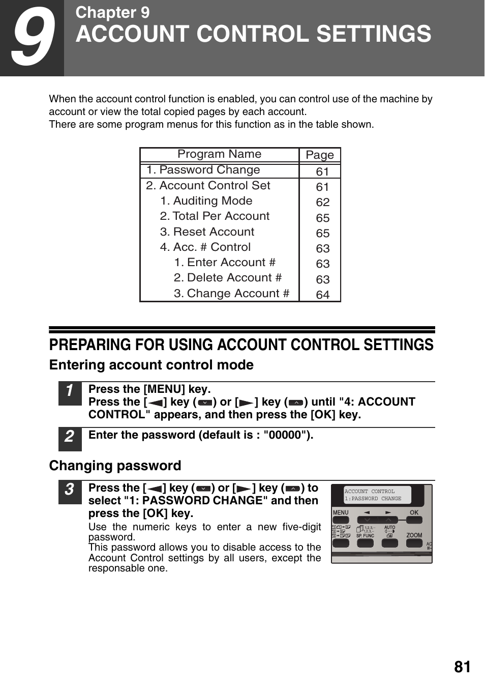 Account control settings, Preparing for using account control settings, 9 account control settings | Sharp MX-B201D User Manual | Page 82 / 115