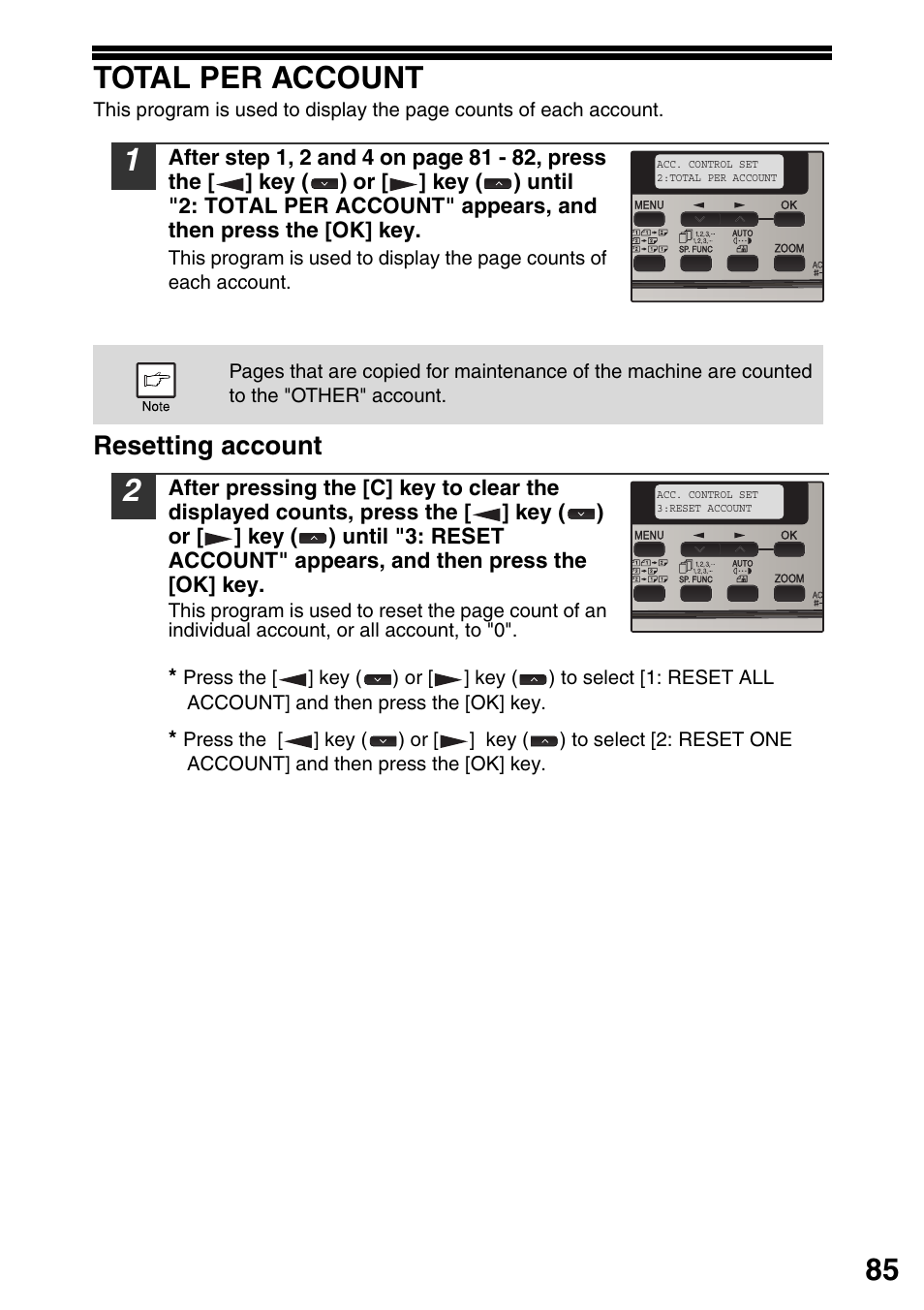 Total per account, 85 total per account, Resetting account | Sharp MX-B201D User Manual | Page 86 / 115