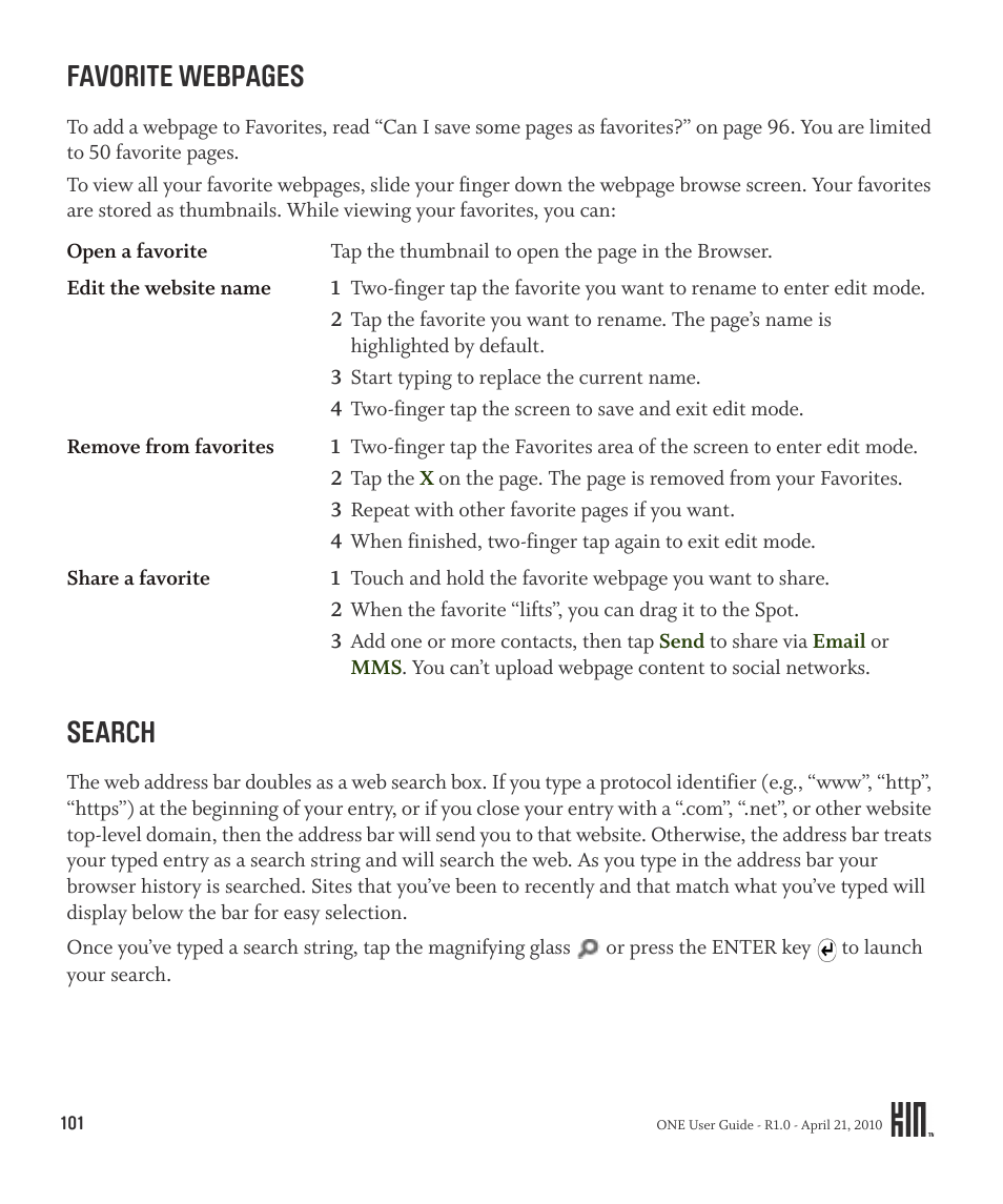 Favorite webpages, Search | Sharp KIN One OMPB10ZU User Manual | Page 101 / 155