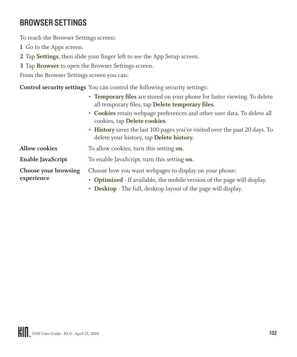 Browser settings | Sharp KIN One OMPB10ZU User Manual | Page 102 / 155