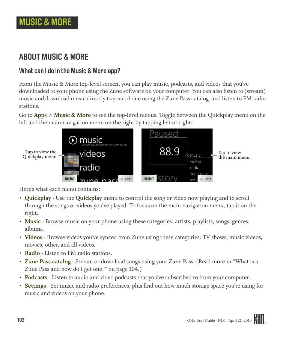 Music & more, About music & more | Sharp KIN One OMPB10ZU User Manual | Page 103 / 155