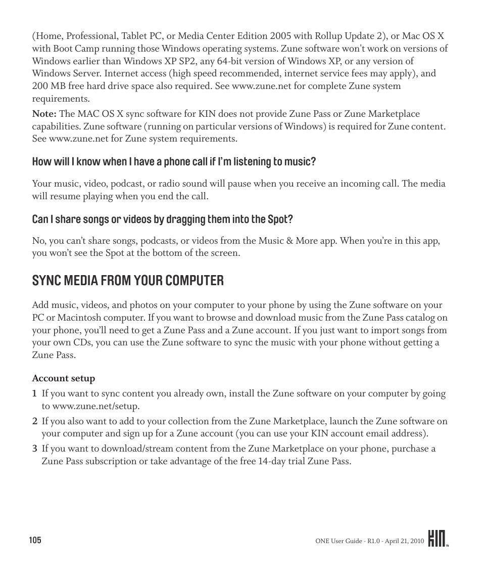 Sync media from your computer | Sharp KIN One OMPB10ZU User Manual | Page 105 / 155
