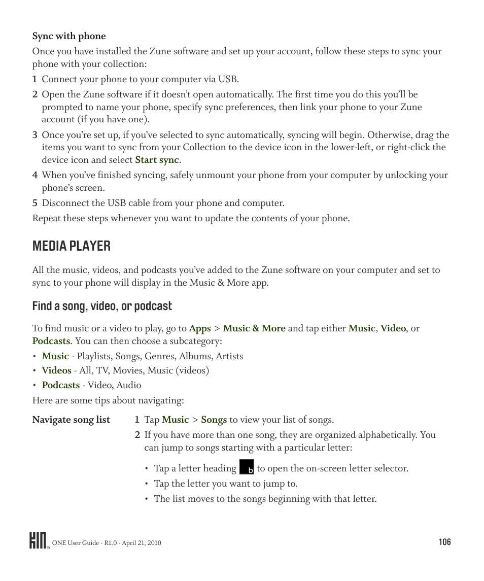 Media player, Find a song, video, or podcast | Sharp KIN One OMPB10ZU User Manual | Page 106 / 155