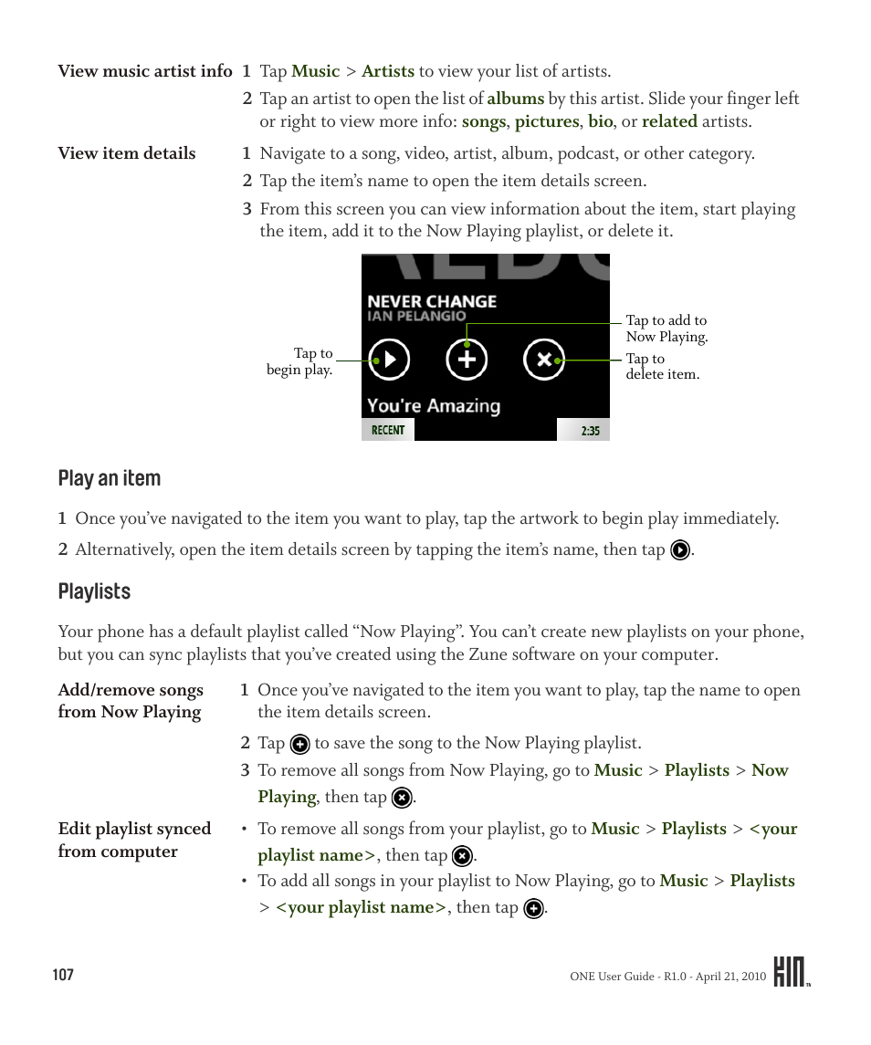 Play an item playlists | Sharp KIN One OMPB10ZU User Manual | Page 107 / 155