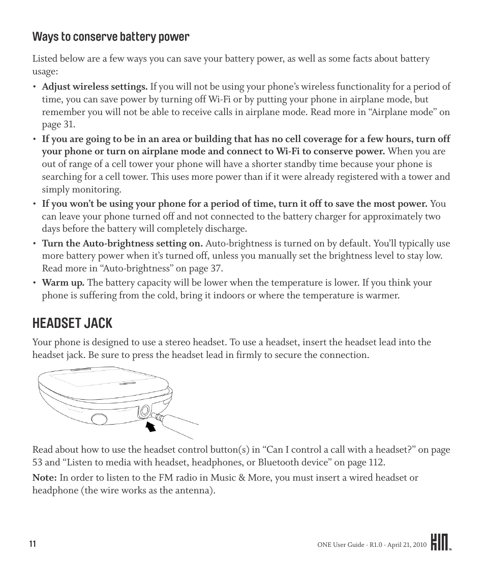 Ways to conserve battery power, Headset jack | Sharp KIN One OMPB10ZU User Manual | Page 11 / 155