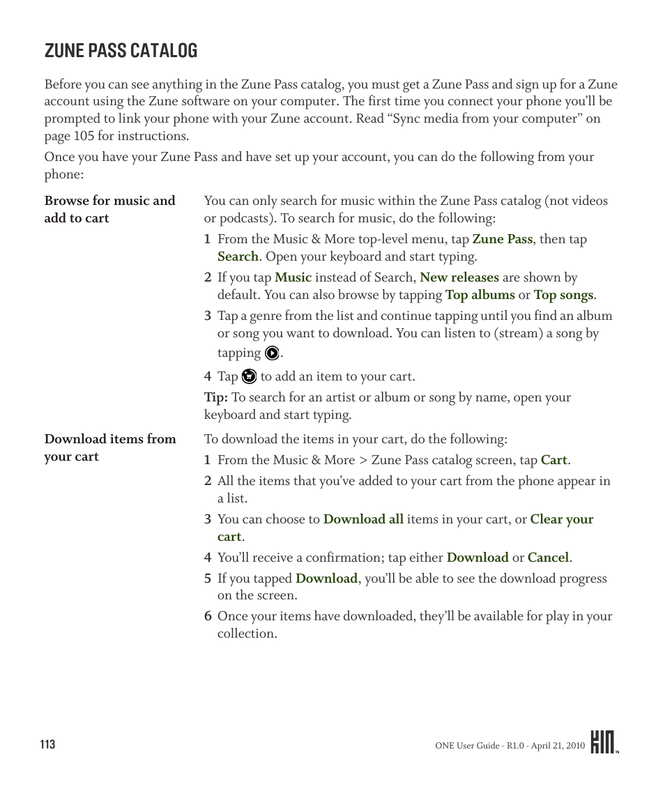 Zune pass catalog | Sharp KIN One OMPB10ZU User Manual | Page 113 / 155