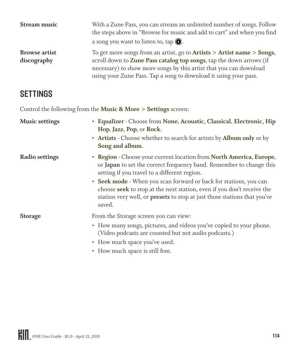 Settings | Sharp KIN One OMPB10ZU User Manual | Page 114 / 155