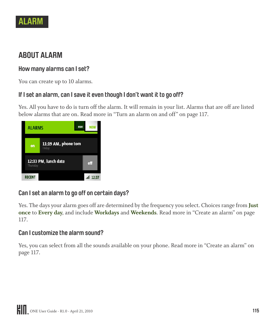 Alarm, About alarm | Sharp KIN One OMPB10ZU User Manual | Page 115 / 155