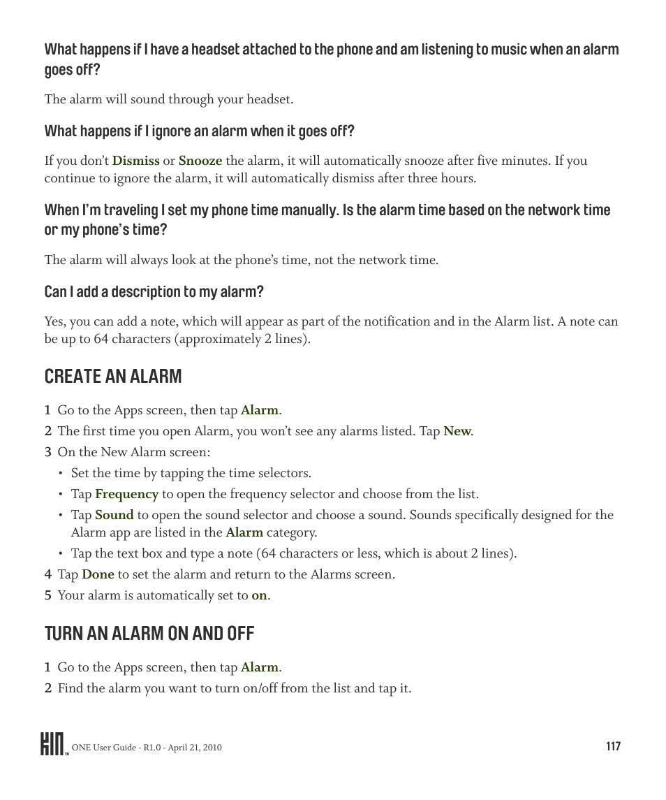 Create an alarm turn an alarm on and off, Create an alarm, Turn an alarm on and off | Sharp KIN One OMPB10ZU User Manual | Page 117 / 155