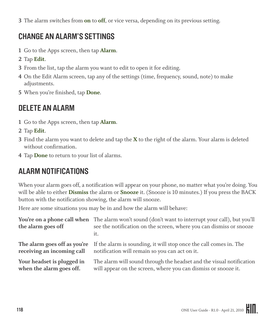 Change an alarm’s settings, Delete an alarm, Alarm notifications | Sharp KIN One OMPB10ZU User Manual | Page 118 / 155