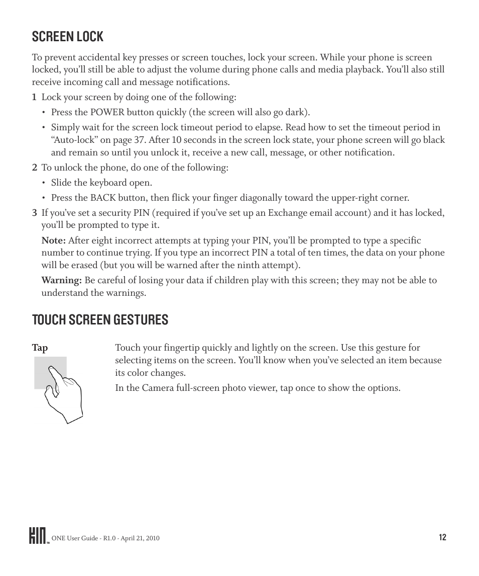 Screen lock touch screen gestures, Screen lock, Touch screen gestures | Sharp KIN One OMPB10ZU User Manual | Page 12 / 155