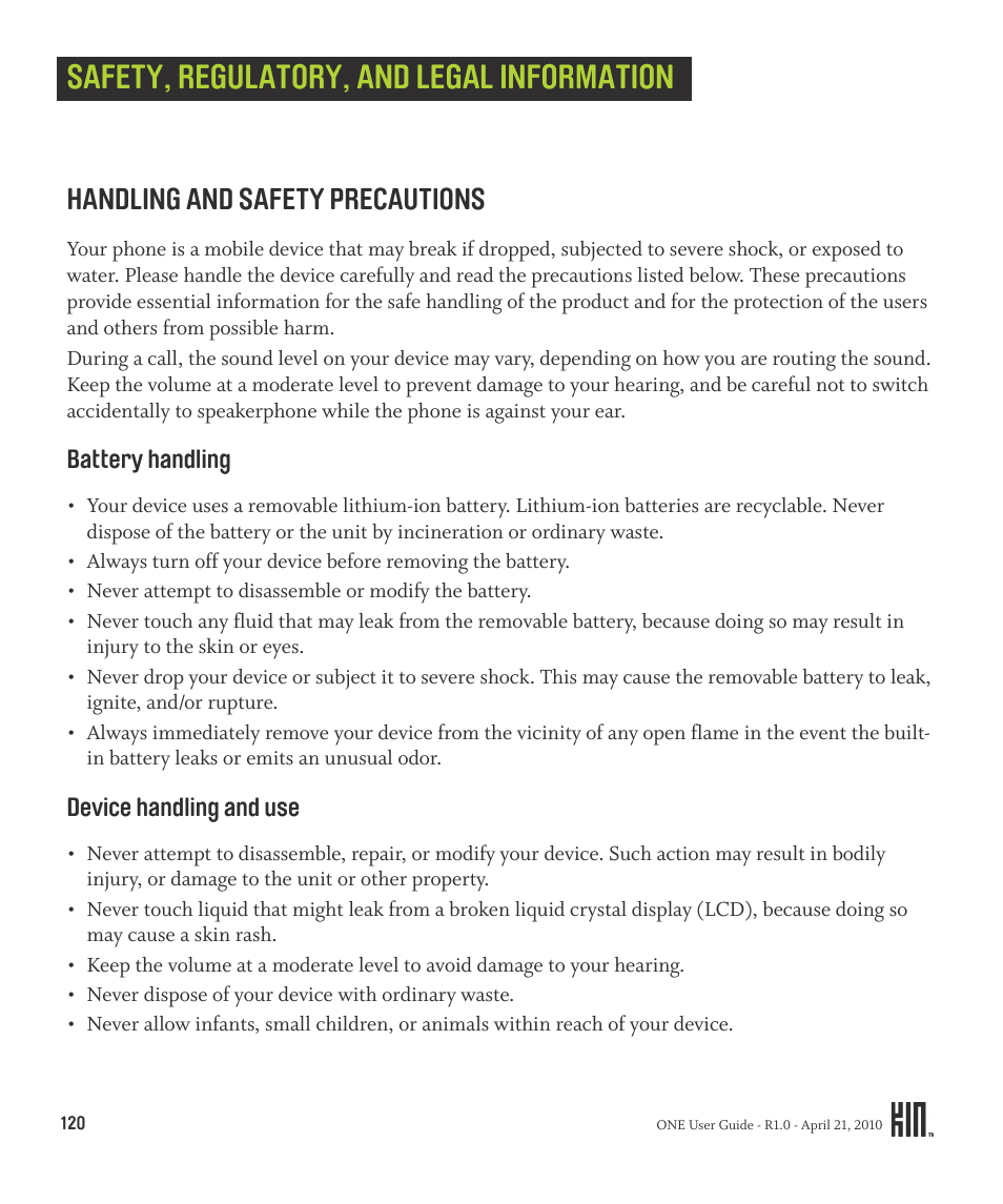 Safety, regulatory, and legal information, Handling and safety precautions, Battery handling device handling and use | Sharp KIN One OMPB10ZU User Manual | Page 120 / 155