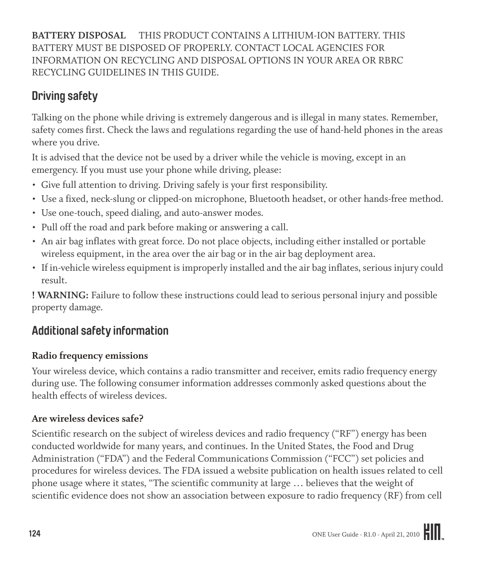 Driving safety additional safety information | Sharp KIN One OMPB10ZU User Manual | Page 124 / 155