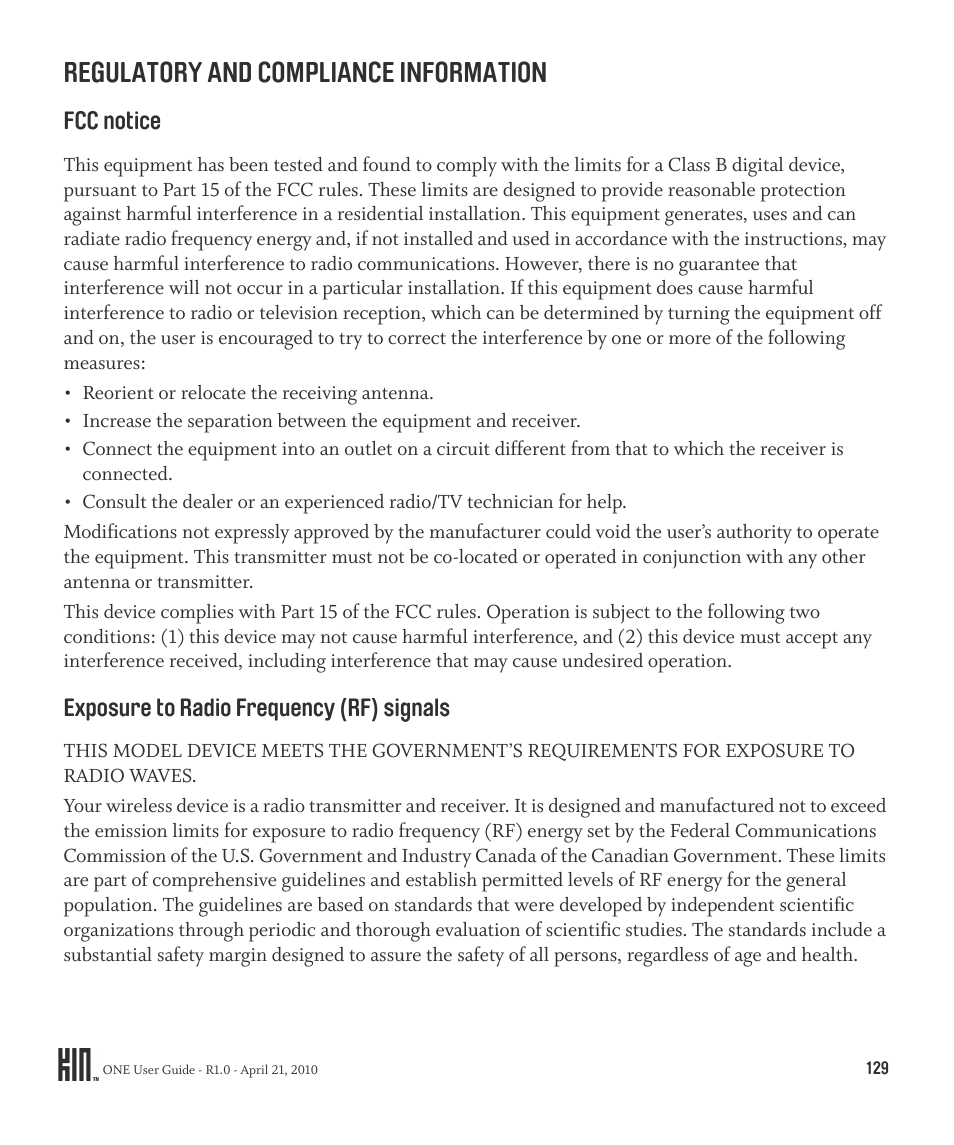 Regulatory and compliance information | Sharp KIN One OMPB10ZU User Manual | Page 129 / 155