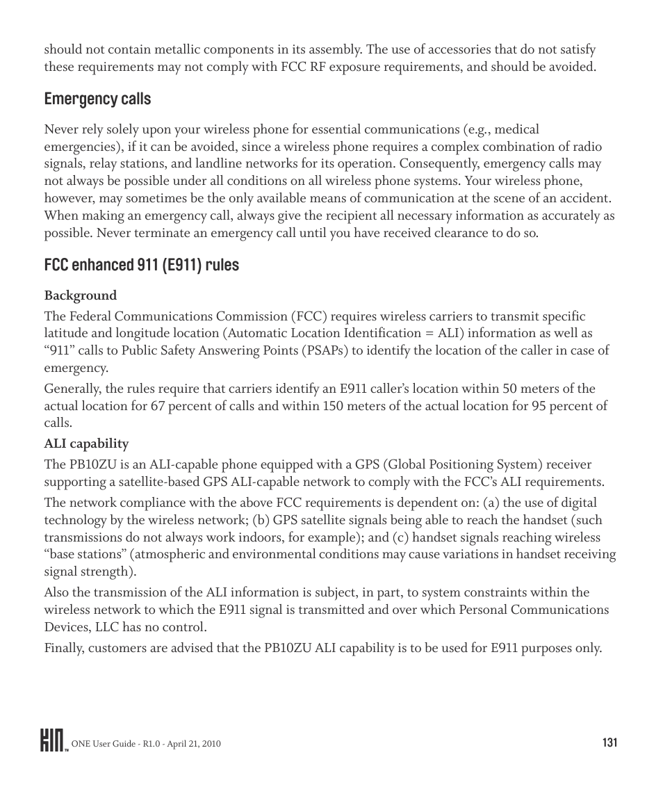 Emergency calls fcc enhanced 911 (e911) rules, Emergency calls | Sharp KIN One OMPB10ZU User Manual | Page 131 / 155