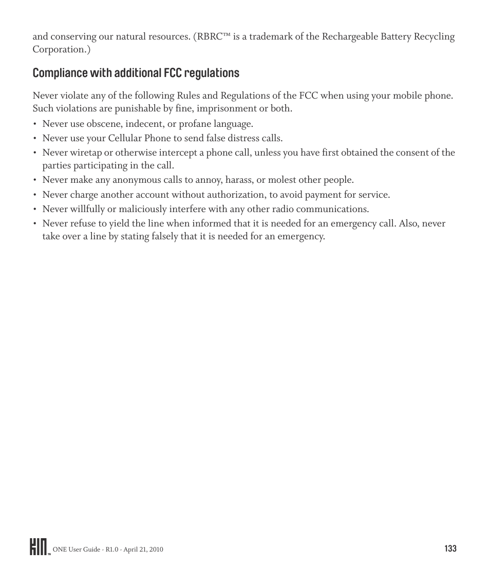 Compliance with additional fcc regulations | Sharp KIN One OMPB10ZU User Manual | Page 133 / 155