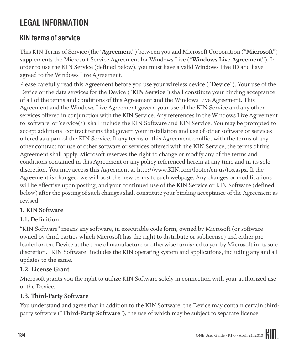 Legal information, Kin terms of service | Sharp KIN One OMPB10ZU User Manual | Page 134 / 155