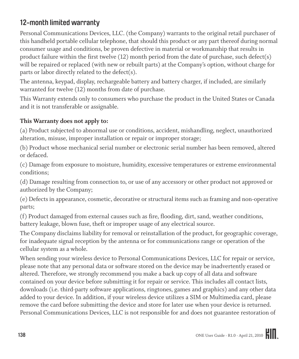 Month limited warranty | Sharp KIN One OMPB10ZU User Manual | Page 138 / 155