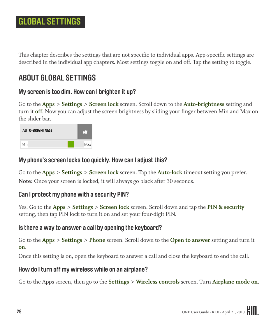 Global settings, About global settings | Sharp KIN One OMPB10ZU User Manual | Page 29 / 155