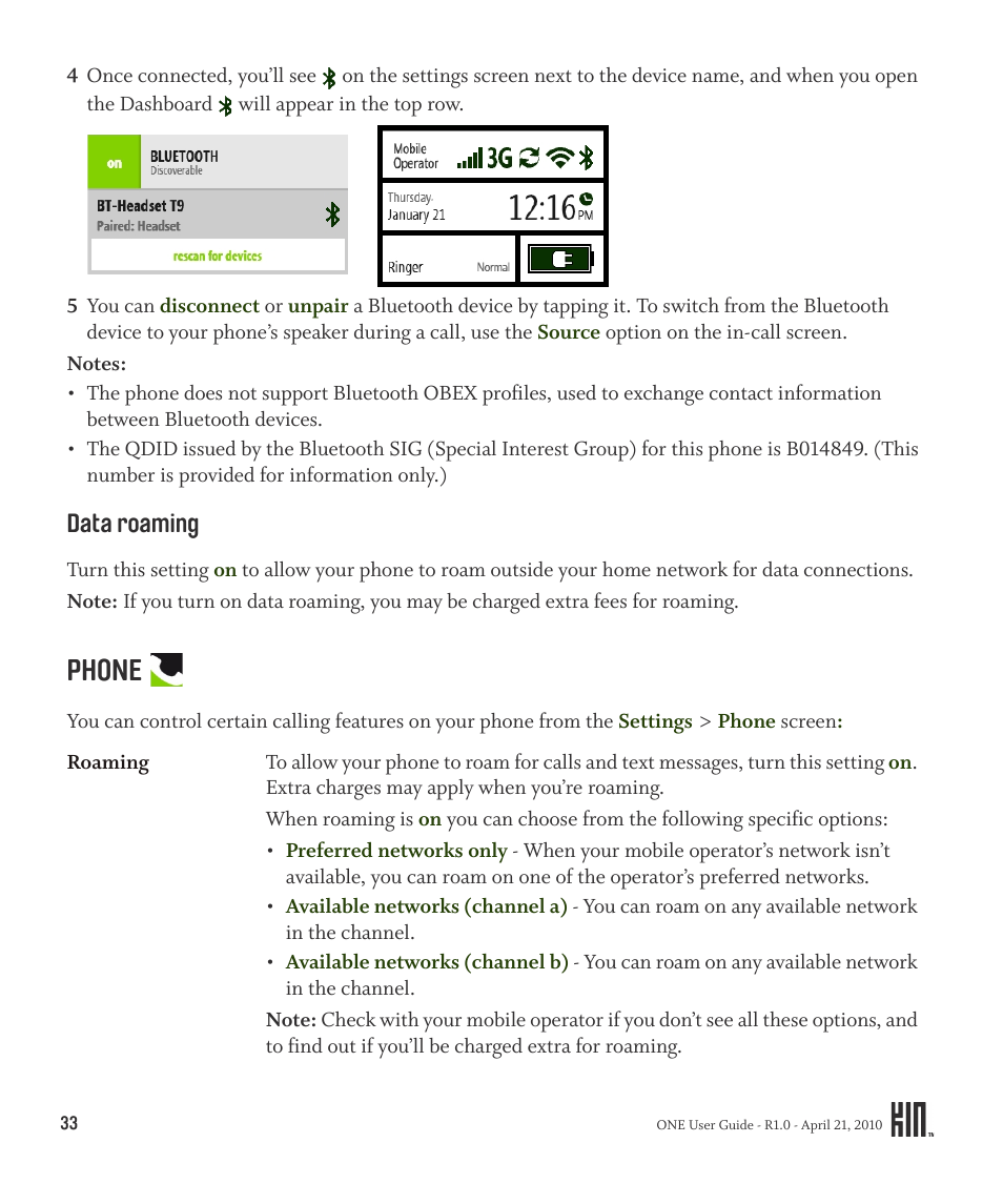 Data roaming, Phone | Sharp KIN One OMPB10ZU User Manual | Page 33 / 155