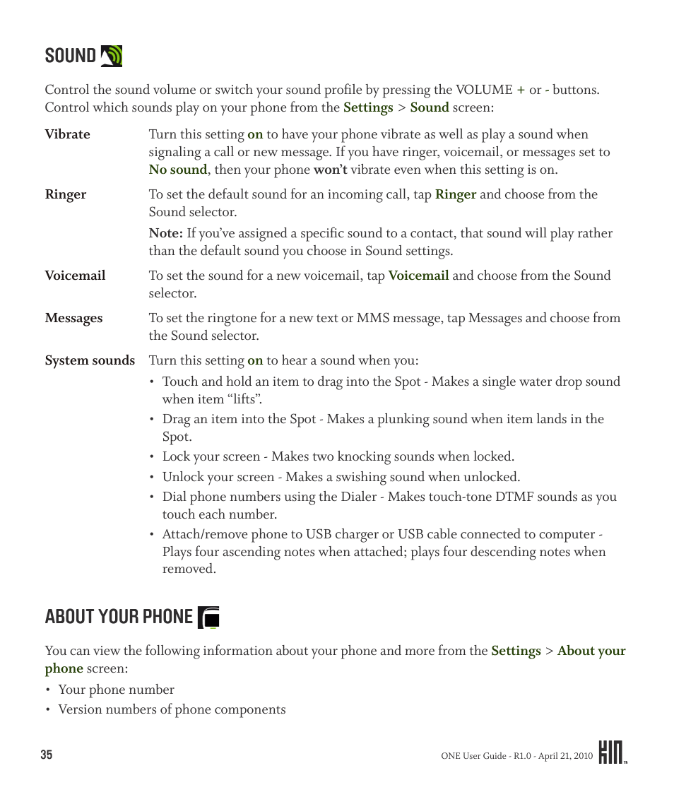 Sound about your phone, Sound, About your phone | Sharp KIN One OMPB10ZU User Manual | Page 35 / 155