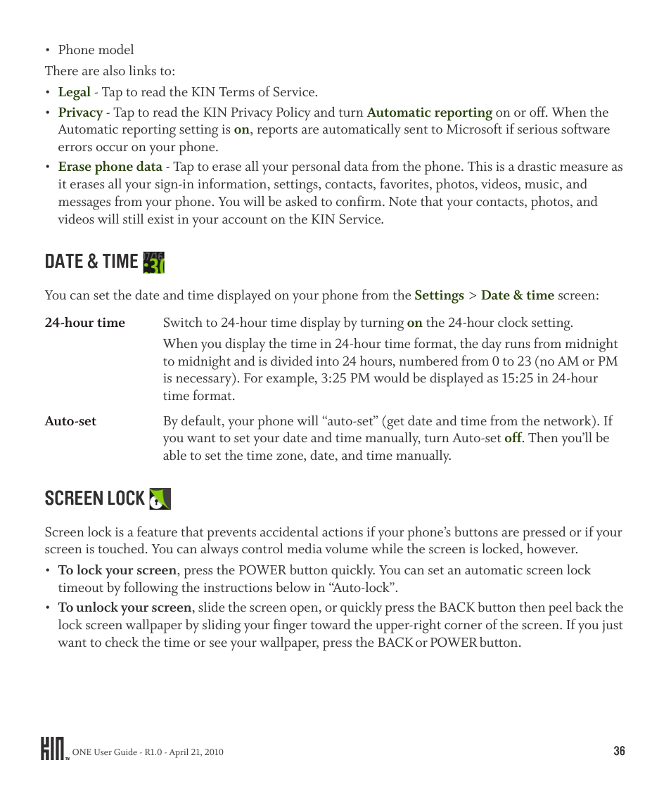 Date & time screen lock, Date & time, Screen lock | Sharp KIN One OMPB10ZU User Manual | Page 36 / 155