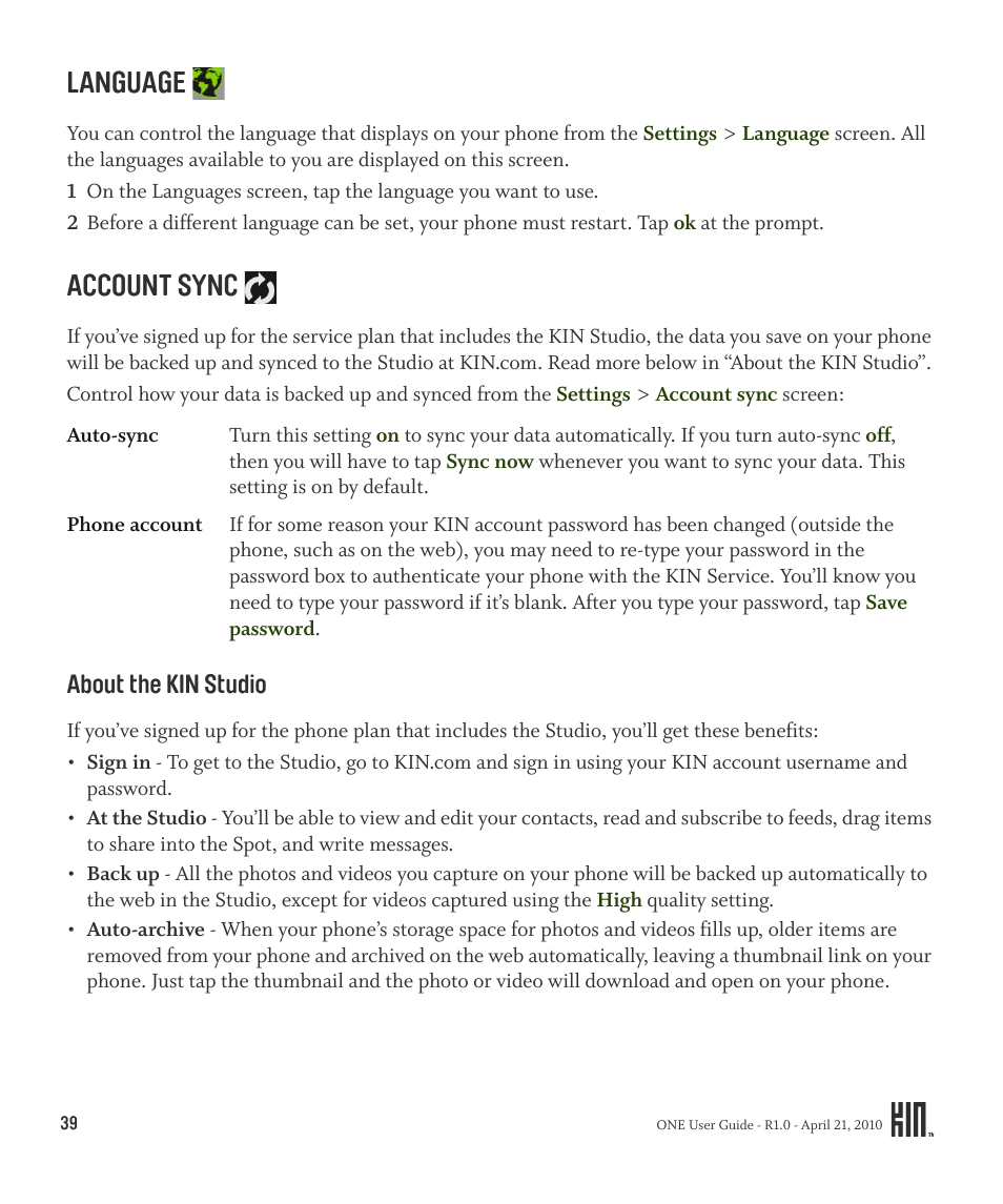 Language account sync, About the kin studio, Language | Account sync | Sharp KIN One OMPB10ZU User Manual | Page 39 / 155