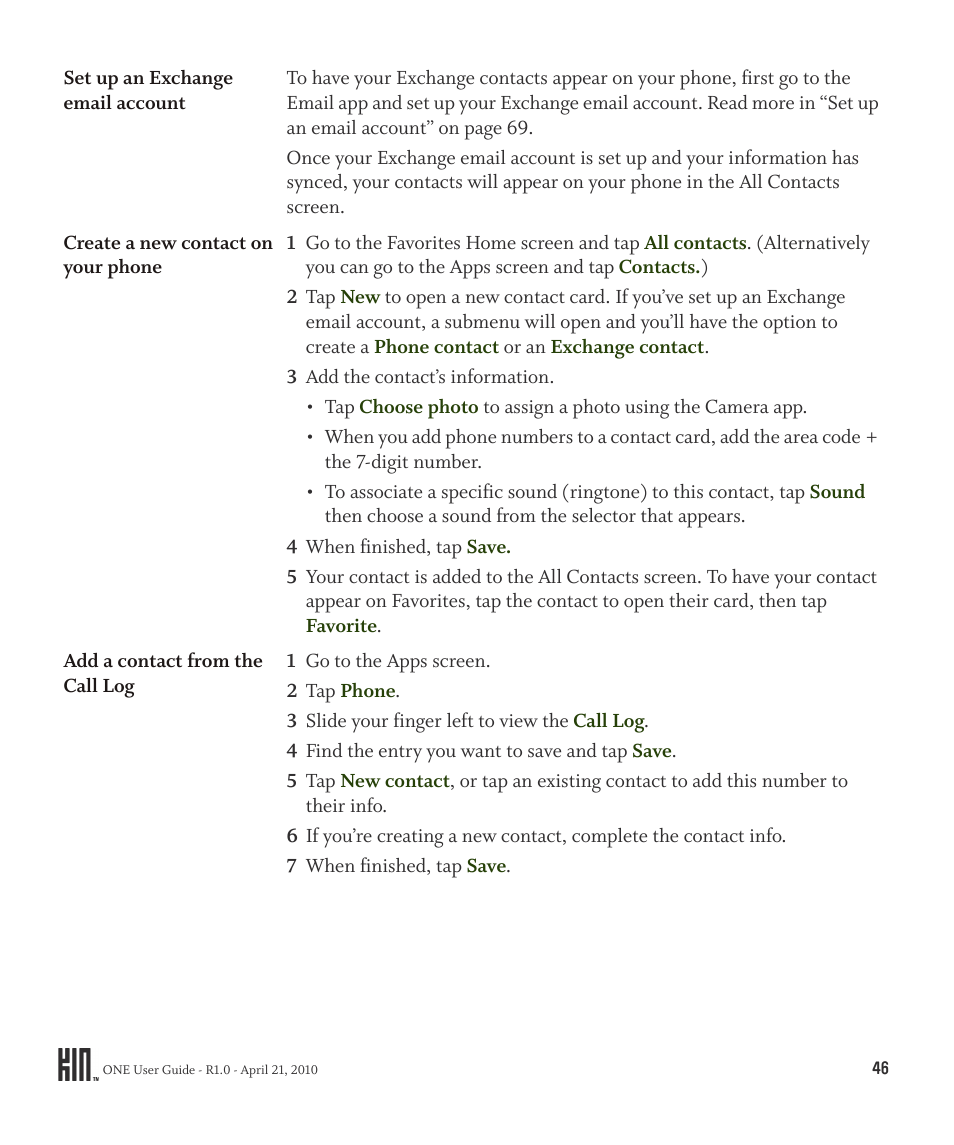 In “create a new contact | Sharp KIN One OMPB10ZU User Manual | Page 46 / 155