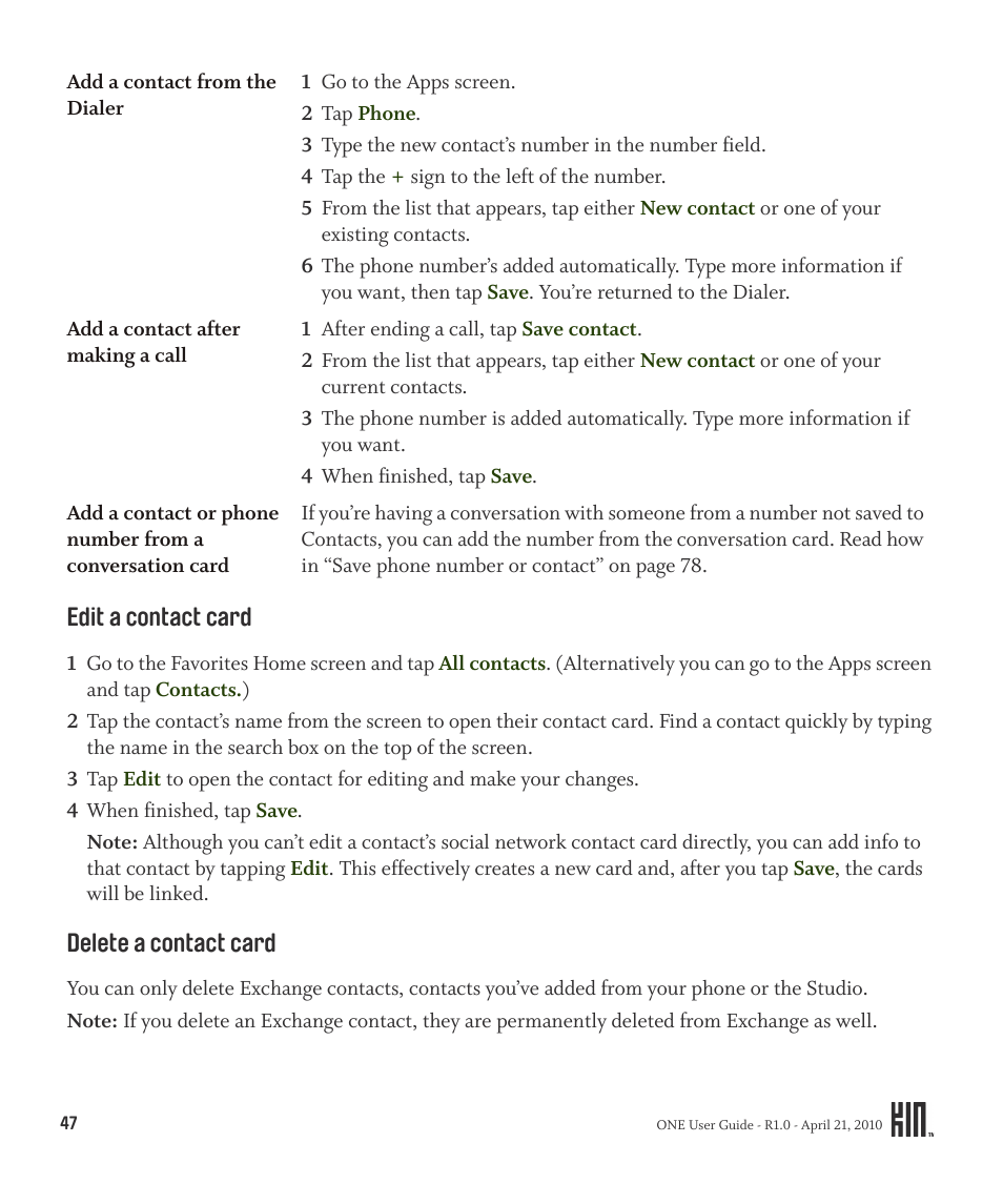 Edit a contact card delete a contact card | Sharp KIN One OMPB10ZU User Manual | Page 47 / 155