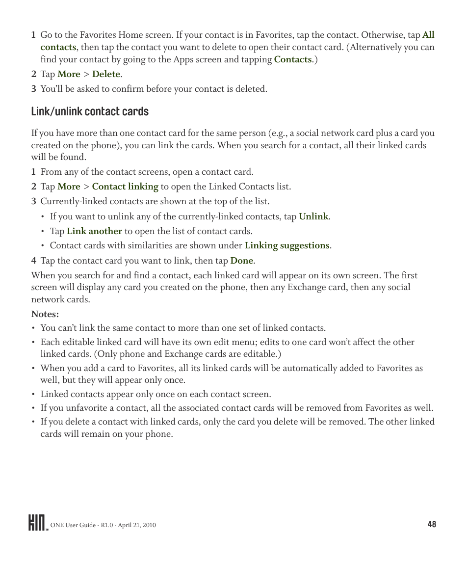 Link/unlink contact cards | Sharp KIN One OMPB10ZU User Manual | Page 48 / 155