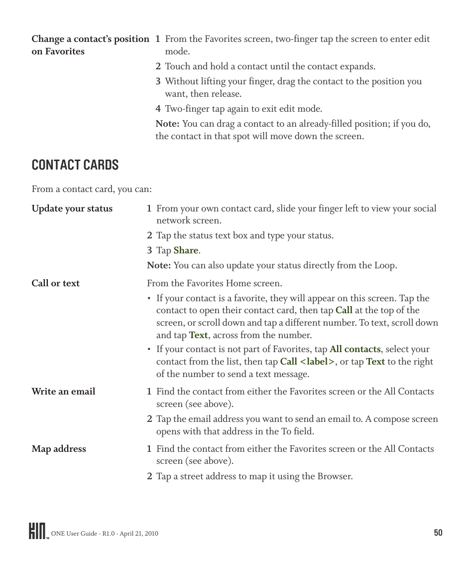 Contact cards | Sharp KIN One OMPB10ZU User Manual | Page 50 / 155