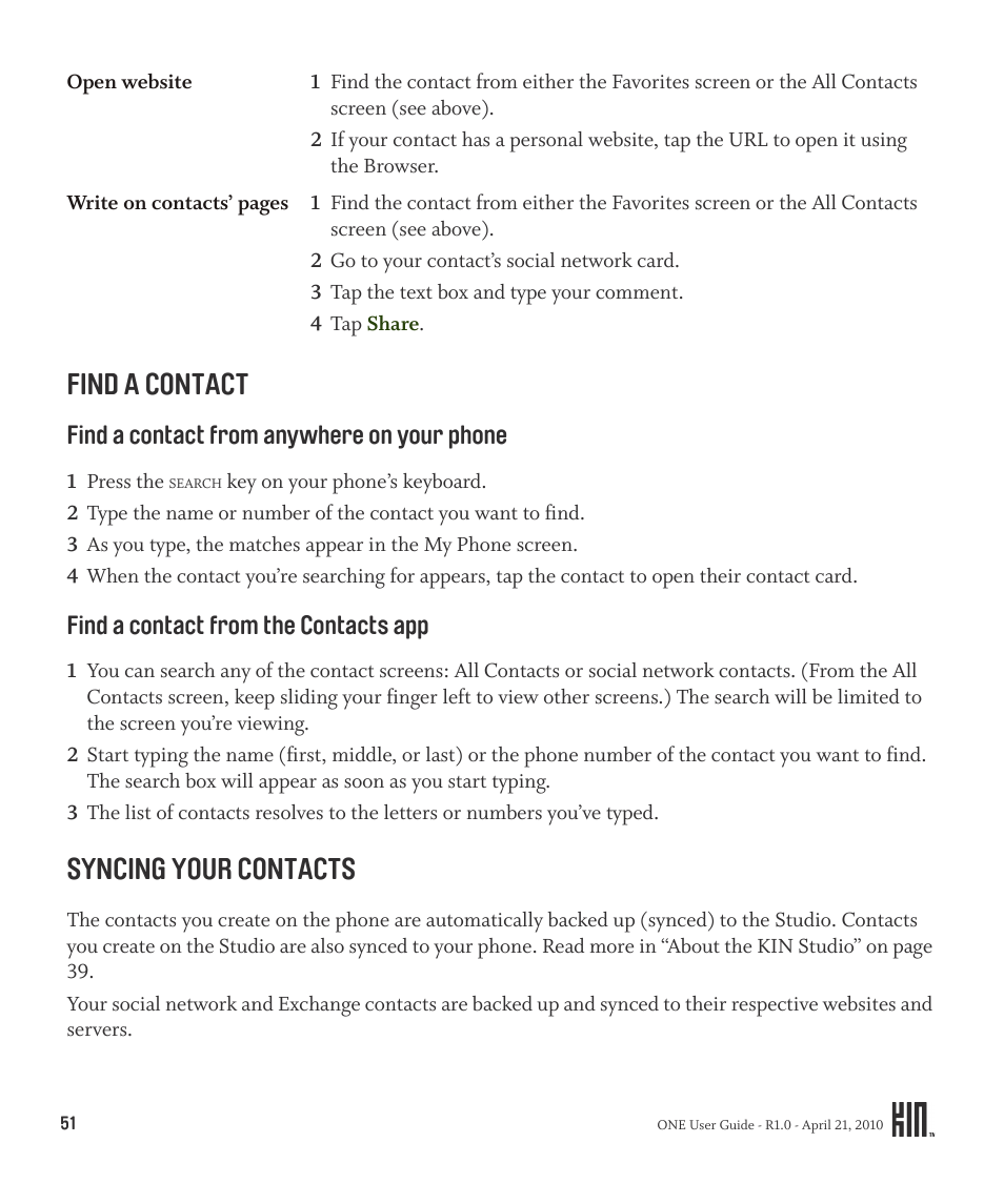 Find a contact, Syncing your contacts | Sharp KIN One OMPB10ZU User Manual | Page 51 / 155
